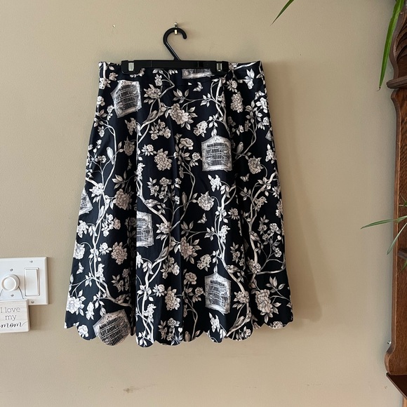 Talbots Black/Grey/White Bird Cages/Floral/Branches Print A-Line Skirt - Picture 11 of 14